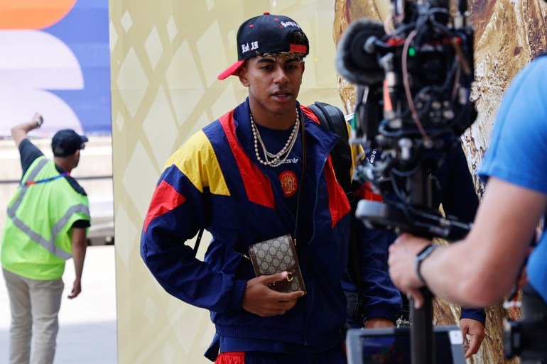 Spain's Lamine Yamal arrives for the World Cup final soccer match between Spain and Argentina in East Rutherford, N.J., near New York, Sunday, July 19, 2026. (AP Photo/Pamela Smith)